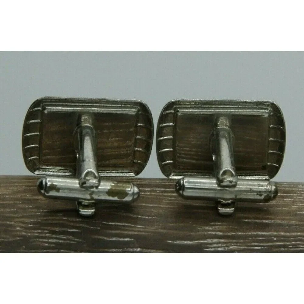 VTG Cuff Links Men's Silver Black White Striated Stone Tone Bullet Back